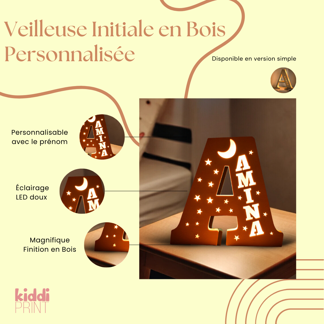 KiddiLight™ -  Veilleuse Personnalisée en Bois avec Prénom - Lettre Alphabet Ciel Étoilé