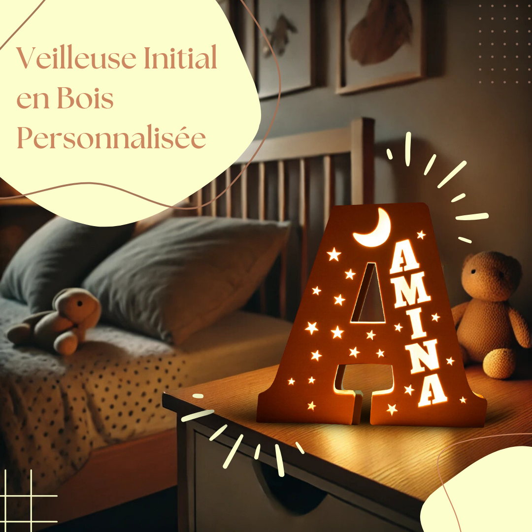 KiddiLight™ -  Veilleuse Personnalisée en Bois avec Prénom - Lettre Alphabet Ciel Étoilé