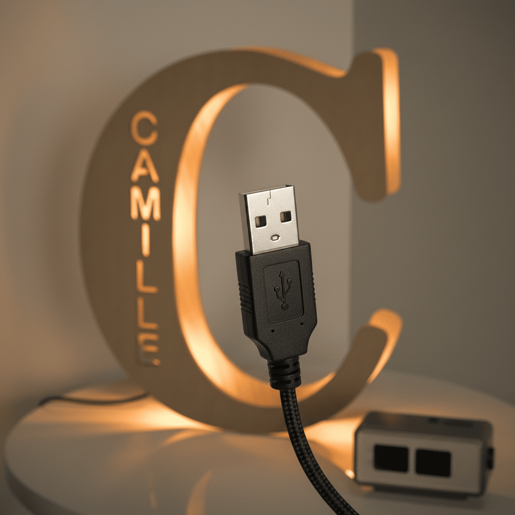 Gros plan sur un câble USB devant une veilleuse personnalisée en forme de lettre « C » (Camille).
