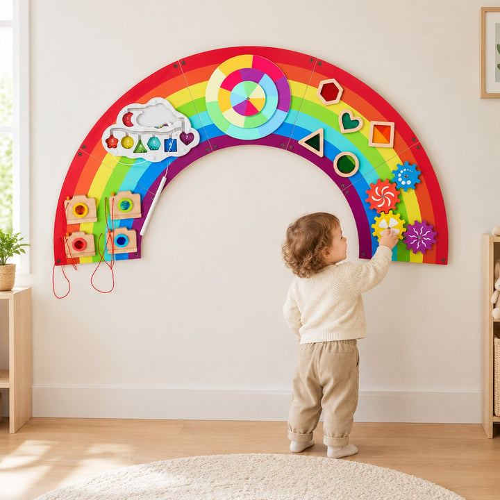 Busy board mural Arc-en-ciel en bois fixé au mur d'une chambre d'enfant