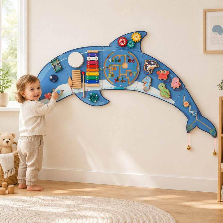 Busy board mural Dauphin en bois fixé au mur d'une chambre d'enfant