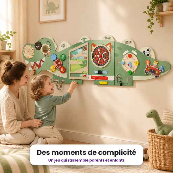 Busy board mural Grand dinosaure vert : enfant qui joue