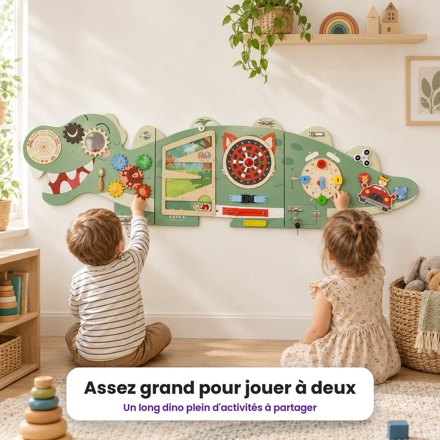 Busy board mural Grand dinosaure vert : enfant qui joue