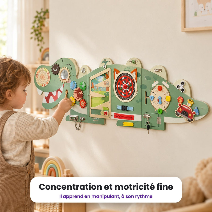 Busy board mural Grand dinosaure vert : enfant qui joue