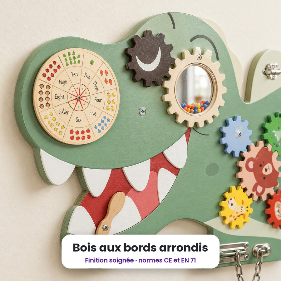 Busy board mural Grand dinosaure vert : enfant qui joue