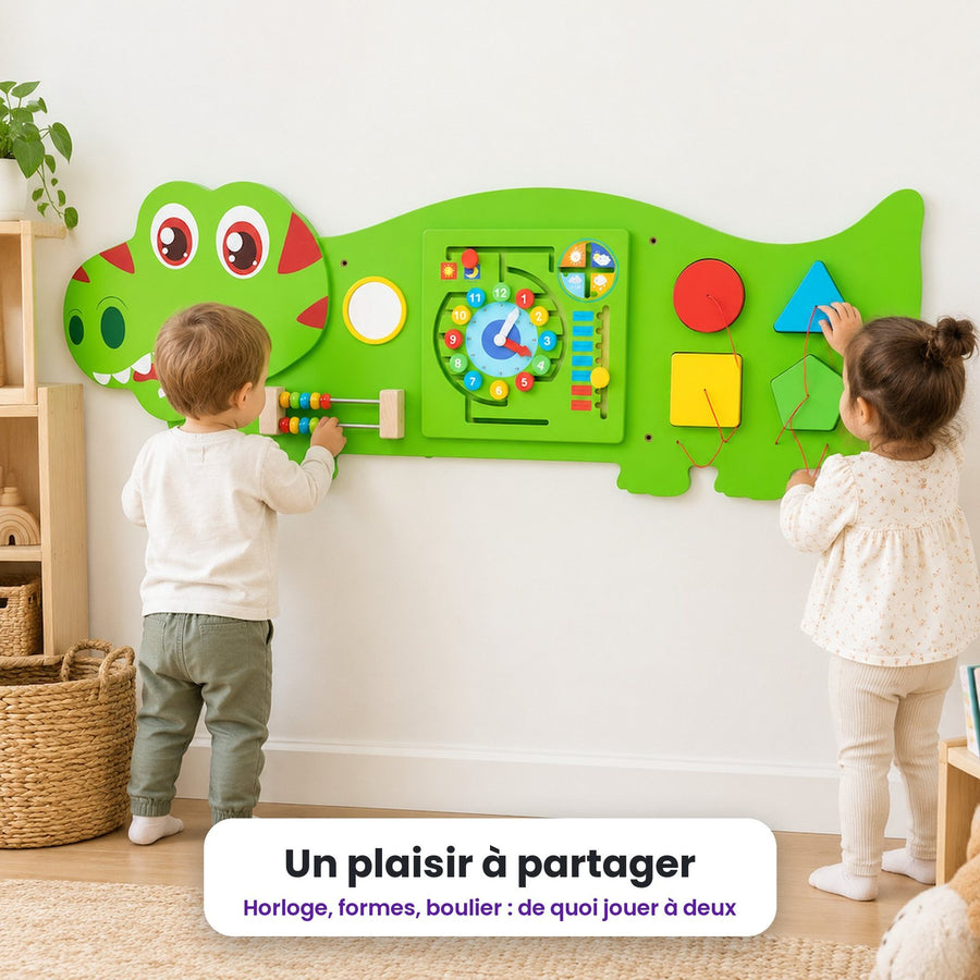 Busy board mural T-rex vert : enfant qui joue