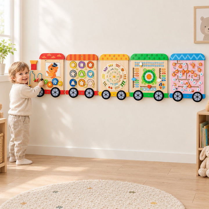 Busy board mural Train et wagons en bois fixé au mur d'une chambre d'enfant