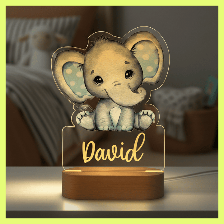 kiddiprint.com Veilleuse Éléphanteau Bleu KiddiLight™ - Veilleuse Enfant Personnalisée Prénom – Éléphant Bleu LED Base Bois