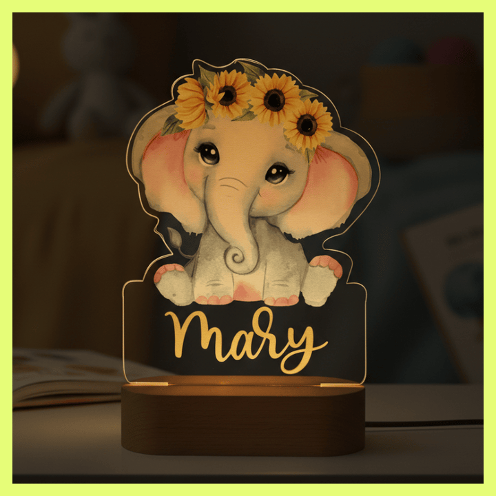 kiddiprint.com Veilleuse Éléphanteau Fleurs KiddiLight™ - Veilleuse Enfant Personnalisée Prénom – Éléphant Fleuri LED Base Bois