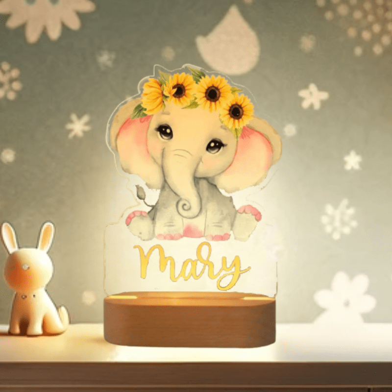 kiddiprint.com Éléphanteau Fleurs KiddiLight™ - Veilleuse LED Personnalisée Motif Éléphant pour Enfants