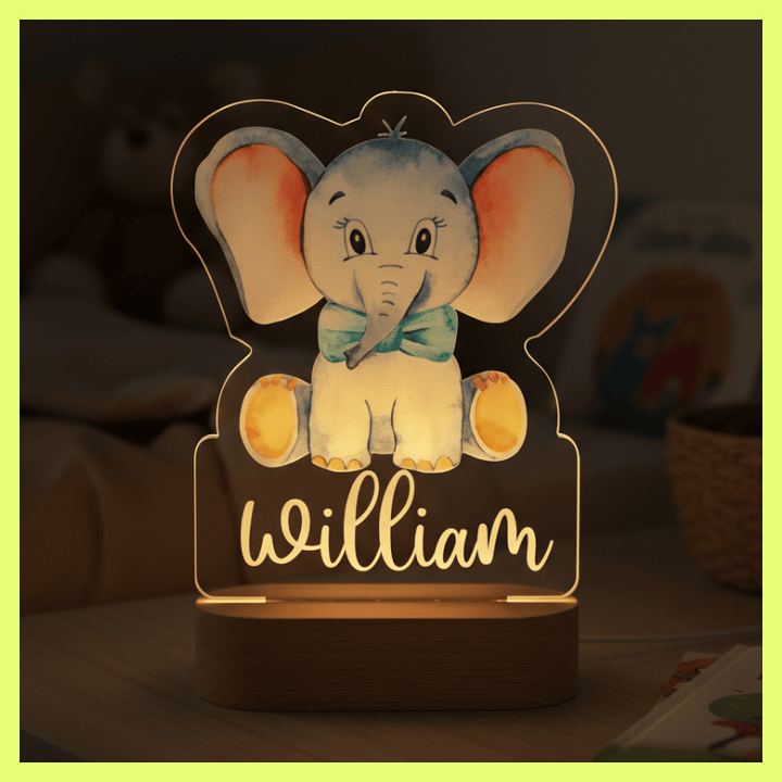 kiddiprint.com Veilleuse Éléphanteau Jaune KiddiLight™ - Veilleuse Bébé Personnalisée Éléphant Jaune Nœud Papillon – Lampe LED Bois