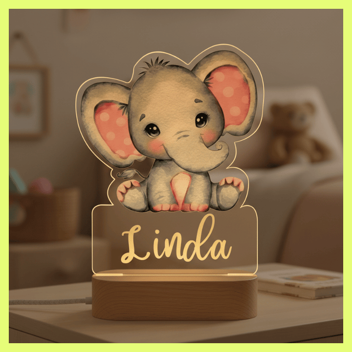 kiddiprint.com Veilleuse Éléphanteau Rose KiddiLight™ - Veilleuse Enfant Personnalisée Prénom – Éléphant LED Base Bois