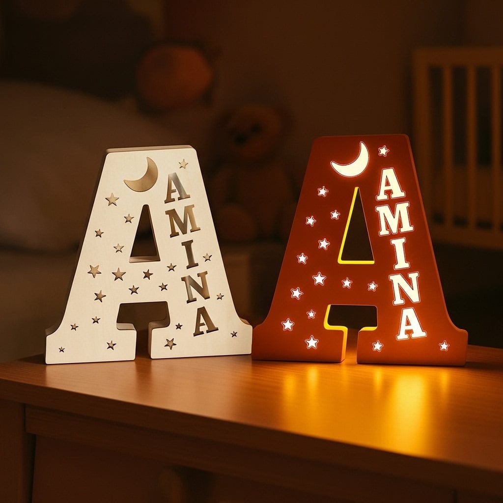 kiddiprint.com Veilleuse KiddiLight™ -  Veilleuse Personnalisée en Bois avec Prénom - Lettre Alphabet Ciel Étoilé
