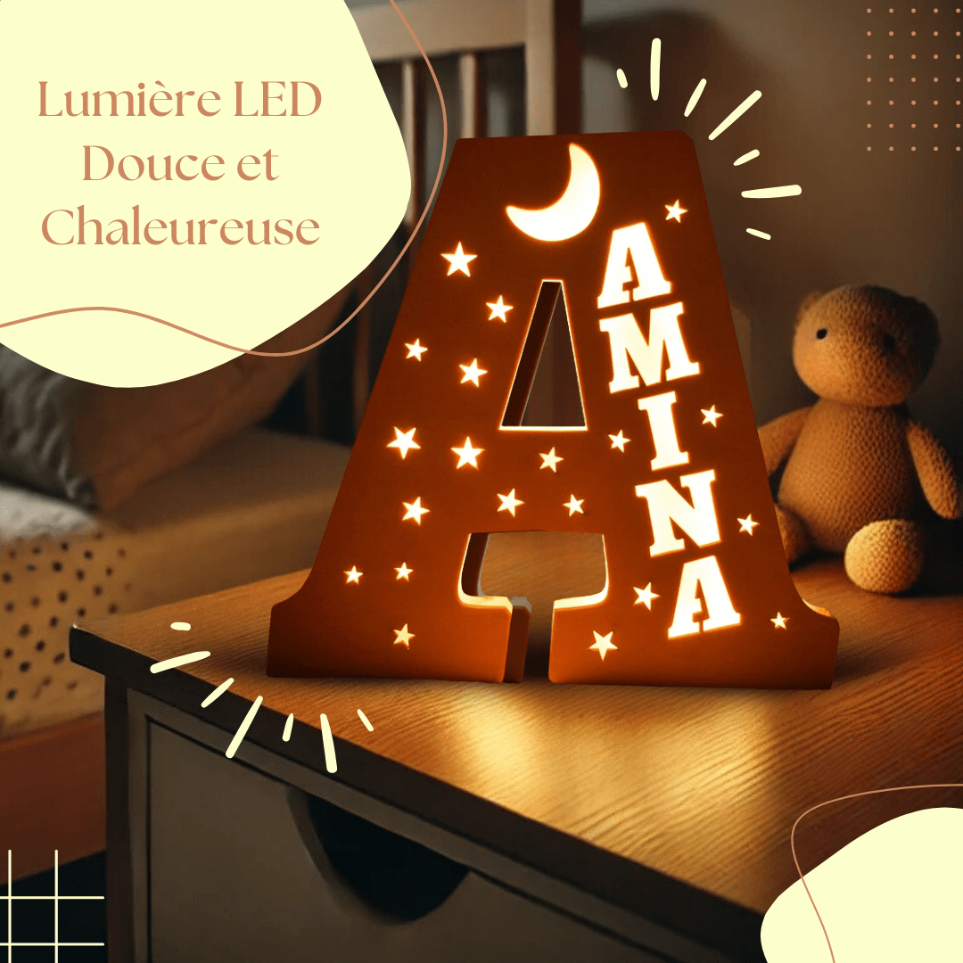 Lettre Lumineuse LED Personnalisée 28 Cm – Prénom Ou Mot En Bois Gravé, 16 Couleurs, Lampe Décorative Murale Ou Table – Idée Cadeau Parfaite