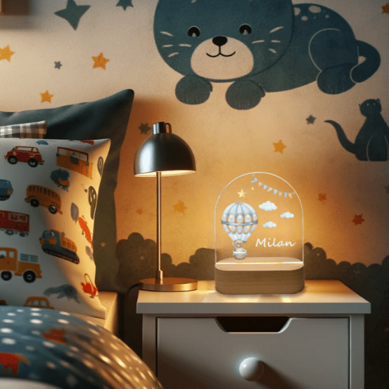 kiddiprint.com KiddiLight™ - Veilleuse Personnalisée pour Chambre d'Enfant - Montgolfière Aquarelle avec Prénom Gravé