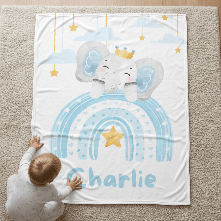 kiddiprint.com Couverture KiddiMinky™ Éléphant Bleu - Couverture Plaid Personnalisée Prénom Bébé