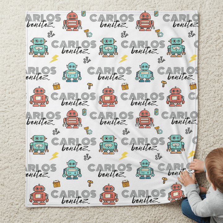 kiddiprint.com Couverture KiddiMinky™ Robot Amis - Couverture Plaid Personnalisée Bébé