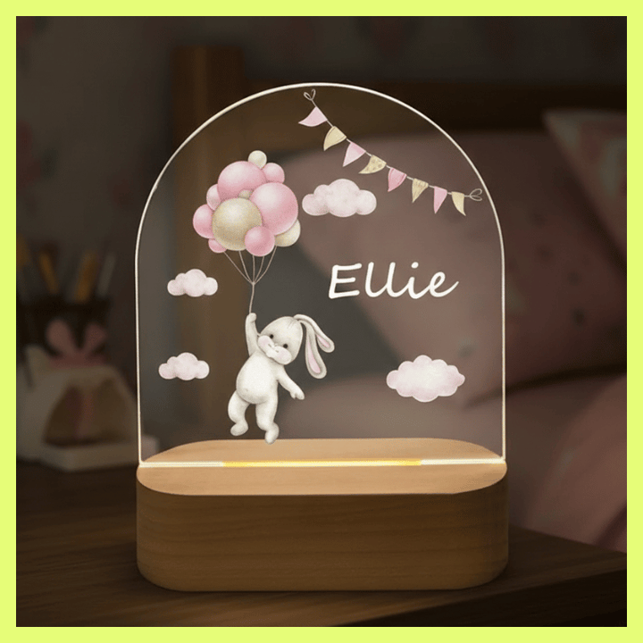 kiddiprint.com Veilleuse Lapin Ballon Rose KiddiLight™ - Veilleuse Enfant Personnalisée Prénom – Lapin Ballons Roses LED Base Bois