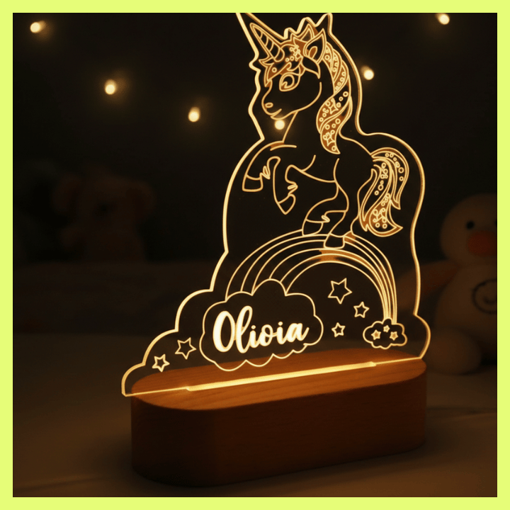 kiddiprint.com Veilleuse Licorne Kiddilight™ - Veilleuse Enfant Personnalisée Prénom – Licorne Magique LED Base Bois