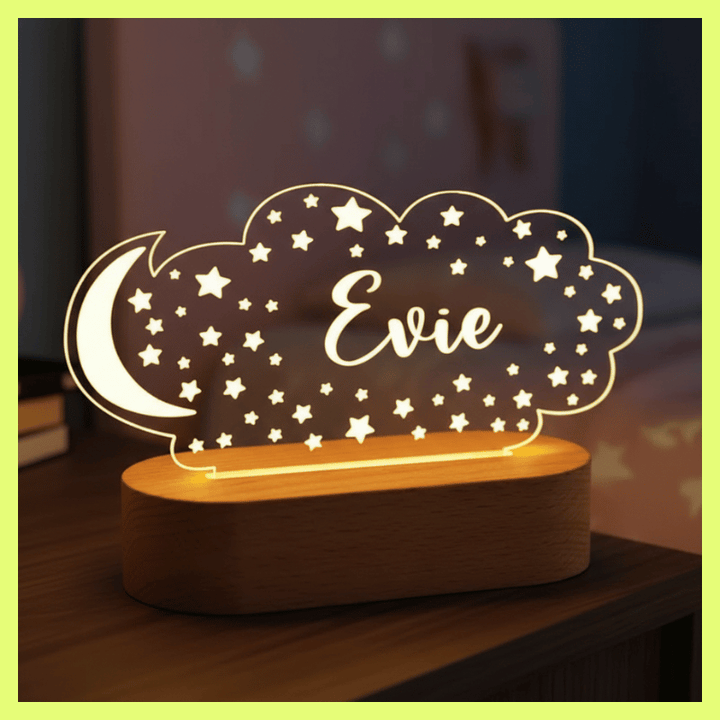 kiddiprint.com Veilleuse Nuage Étoilé Kiddilight™ - Veilleuse Enfant Personnalisée Prénom – Lune & Étoiles LED Base Bois