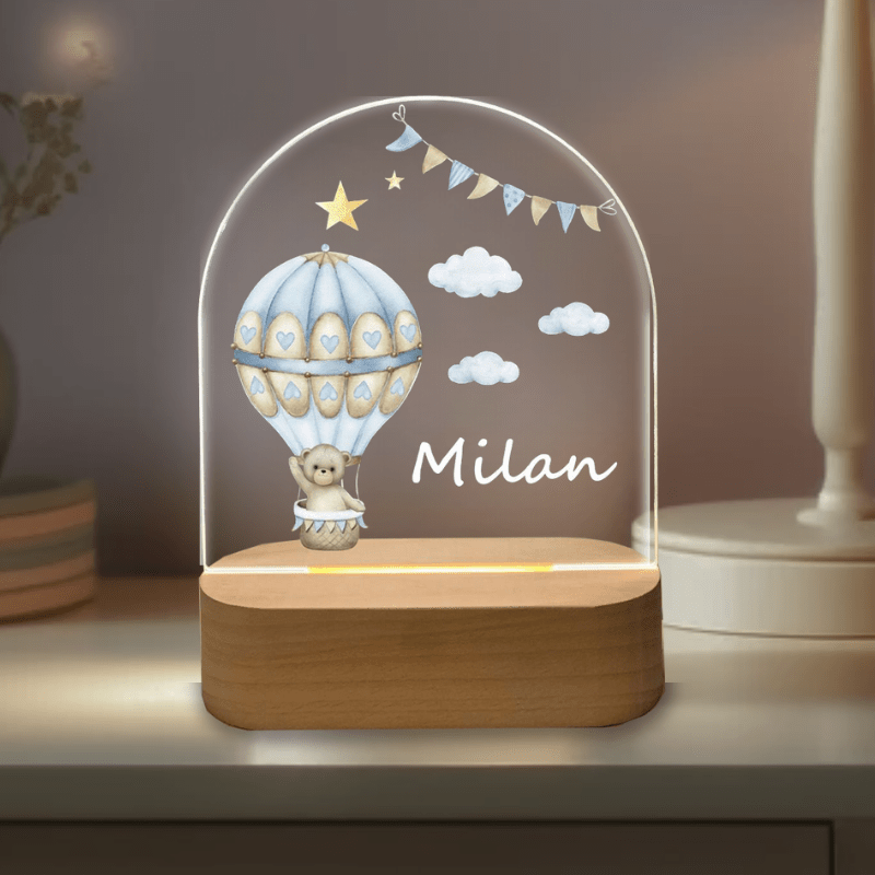 kiddiprint.com Ourson Montgolfière Bleu KiddiLight™ - Veilleuse Personnalisée pour Chambre d'Enfant - Montgolfière Aquarelle avec Prénom Gravé