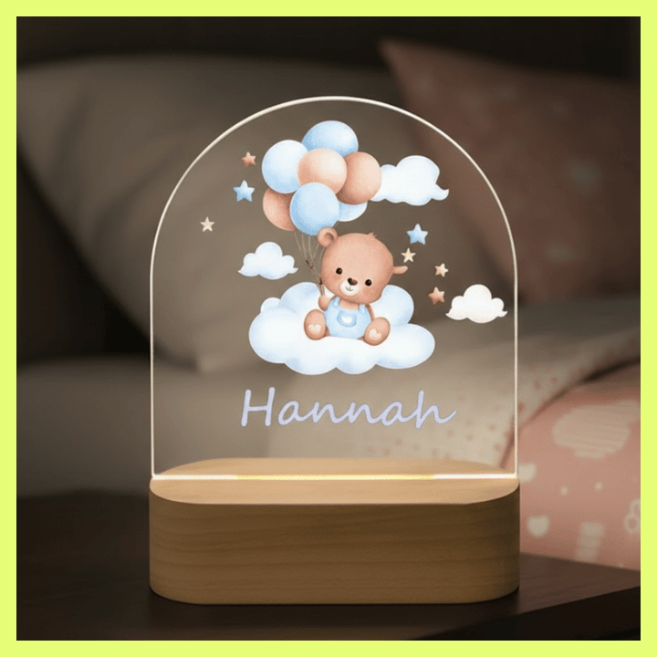 kiddiprint.com Veilleuse Ourson Nuage Ballon Bleu/Rose KiddiLight™ - Veilleuse Personnalisée Prénom - Ourson Nuages & Ballons LED