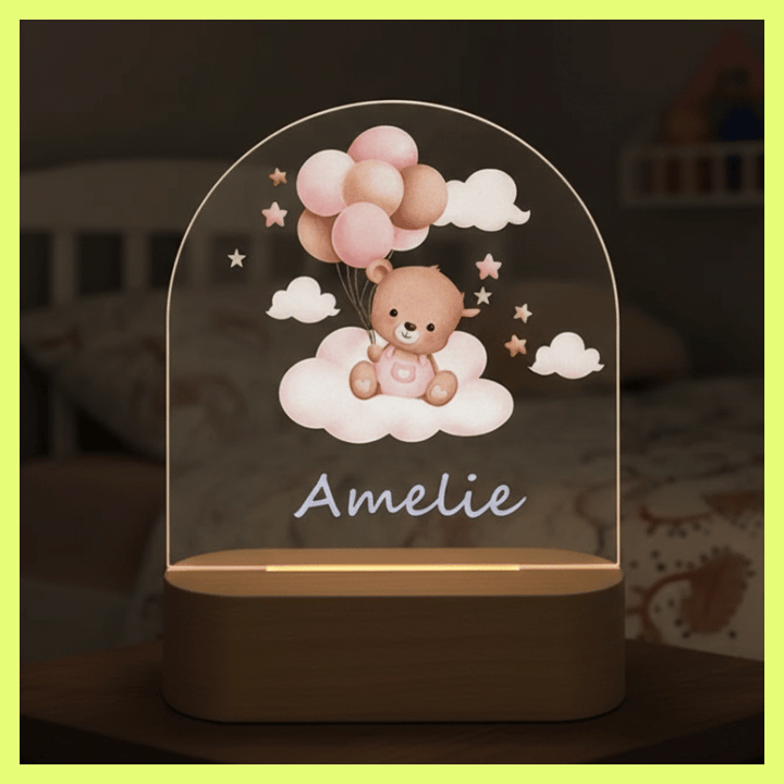 kiddiprint.com Veilleuse Ourson Nuage Ballon Rose KiddiLight™ - Veilleuse Enfant Personnalisée Prénom – Ourson Nuage & Ballons Roses LED Base Bois