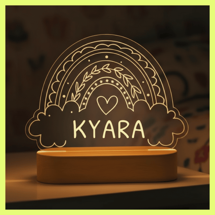 kiddiprint.com Veilleuse Rainbow Kiddilight™ - Veilleuse Enfant Personnalisée Prénom – Arc-en-Ciel & Nuages - Lampe LED Bois