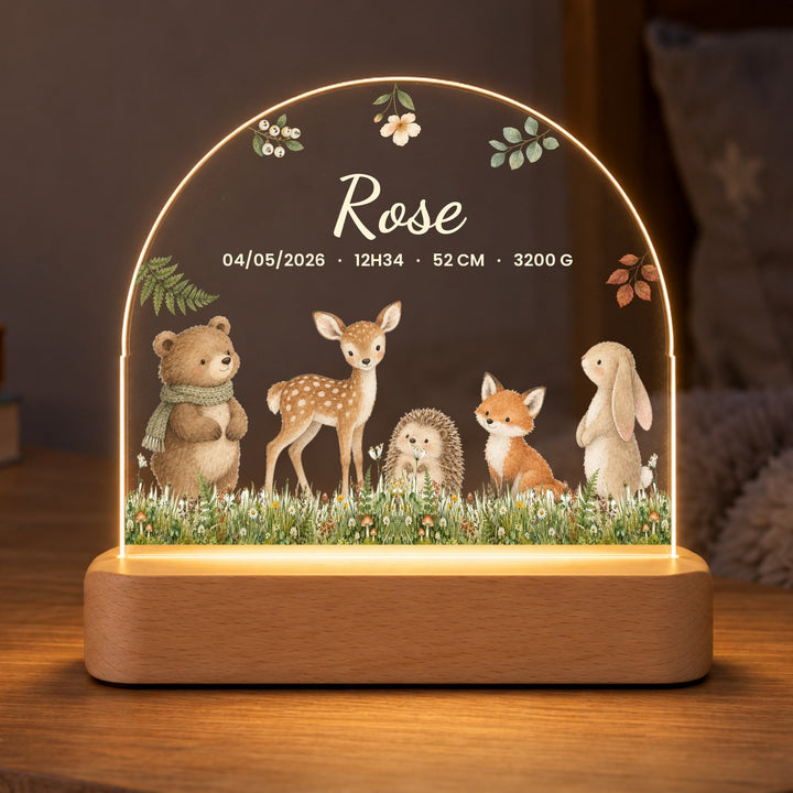 Veilleuse Petits Amis de la Forêt personnalisée prénom et infos de naissance