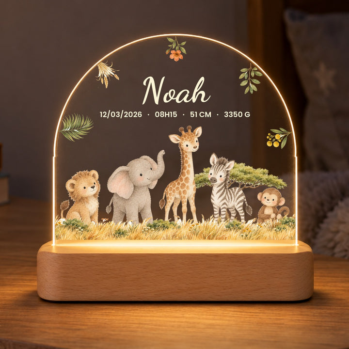 Veilleuse personnalisée animaux de la savane avec prénom Noah et infos de naissance