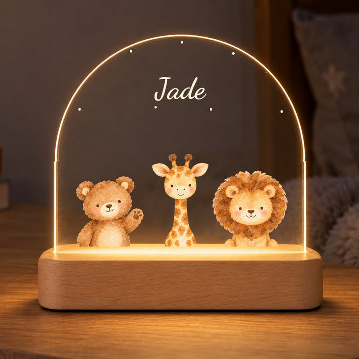 Veilleuse Ma Petite Tribu personnalisée : ourson, girafe, lion et prénom Jade